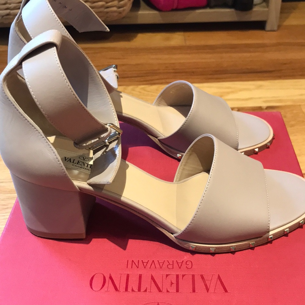 Valentino Beige Block Heel Sandals with Gold Stud Accents